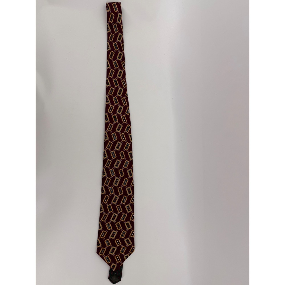 Tommy Hilfiger VTG Burgundy Geometric Crest 100% Italian Silk Tie Made in USA